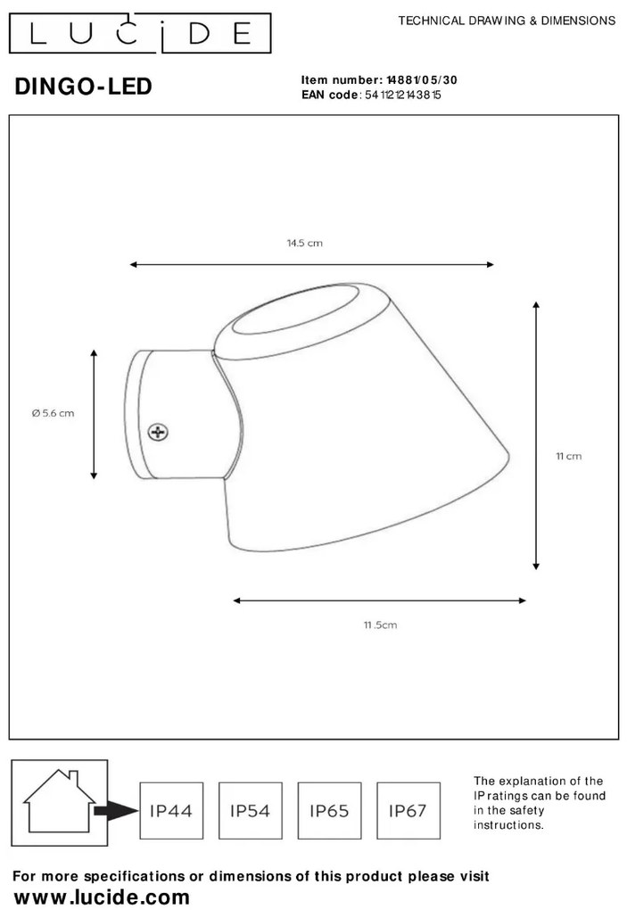 Lucide Dingo wandlamp 5W 15x10cm antraciet