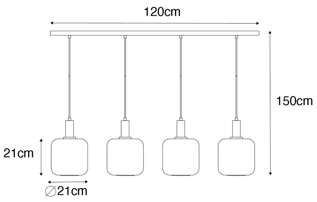 Eettafel / Eetkamer Smart hanglamp zwart met messing en amber glas 4-lichts incl. 4 Wifi G95 - Zuzanna E27 bol / globe / rond Binnenverlichting Lamp