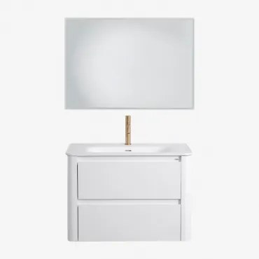 Badkamermeubelset In Hout Met Geïntegreerde Wastafel Egerton Wit & Rechthoekige Led En Anticondens 100x70 Cm Tamsin & Goud ↑20 - Sklum