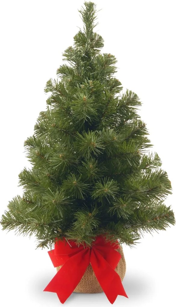 Noble Table Tree Burlap verlichte (tafel)kunstkerstboom - 91 cm - groen - Diameter 51 cm - 114 tips - met rode strik - jute zak