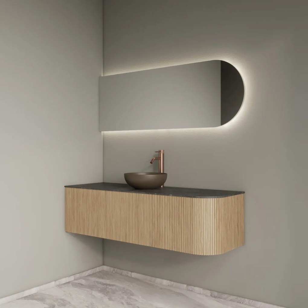 Gliss Design Alluro badmeubel ribbelfront met ronding rechts 140cm mist en zwart leisteen toppaneel