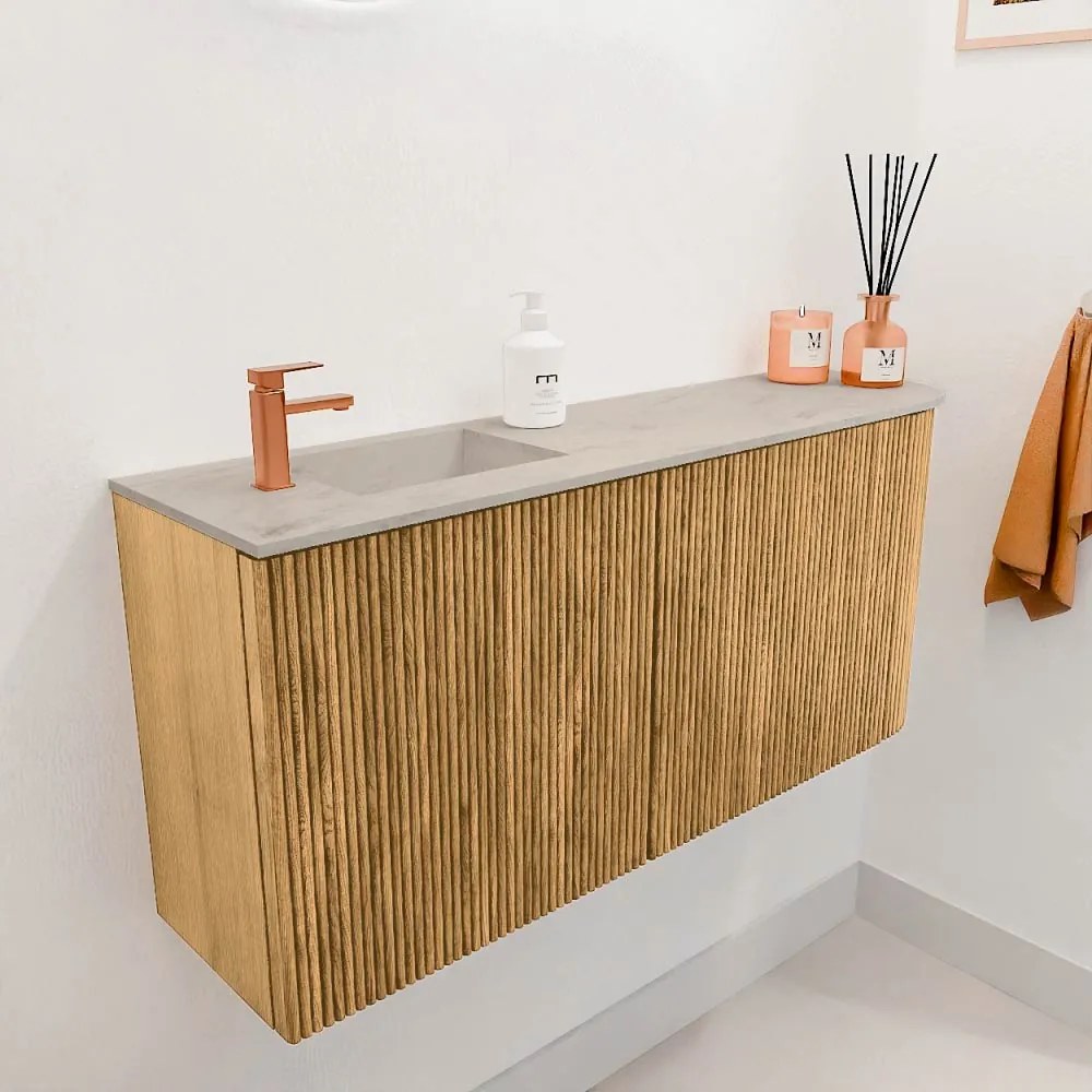 Mondiaz Joya DLux 90cm toiletmeubel ronding rechts oak met wastafel faye links 1 kraangat opalo