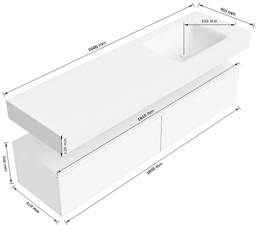Zaro Alan badmeubel 160cm sand 2 lades met vrijhangende wastafel cloud rechts zonder kraangat talc
