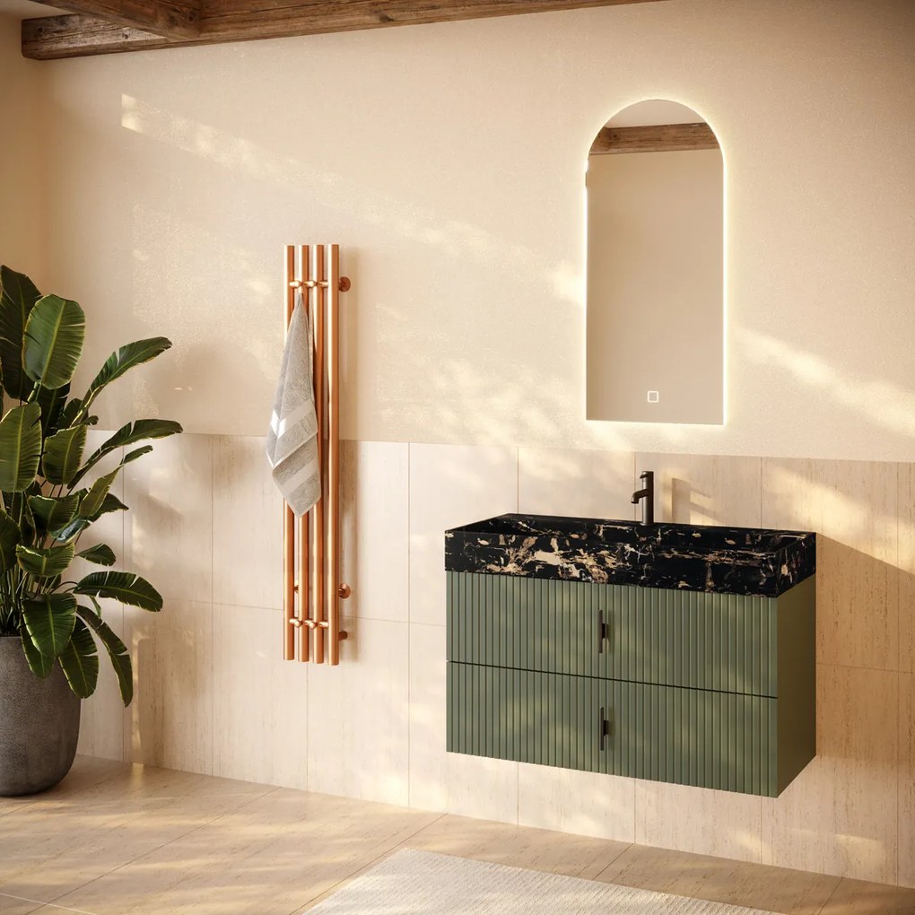 Muebles Murcia badmeubel ribbelfront 100cm legergroen met Portoro Gold wastafel met kraangat