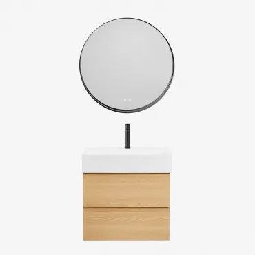 Badkamermeubelset Van Hout En Essenhoutfineer Met Geïntegreerde Wastafel Ona Natuurlijk Hout & Round Led And Antifog Zwart Ø80 Cm - Sklum