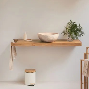 Conjunto Van Meubel 130x45 Cm Hangend In Teakhout Neill Teakhout & Spiegelloze & Zonder Kraan & Onregelmatige In Beige Cement ↔︎40 Cm Fedro & Zonder S