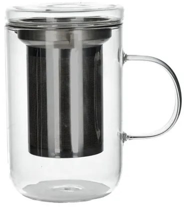 Theeglas met filter en deksel/uitlekschaaltje, hittebestendig glas en rvs, 550 ml