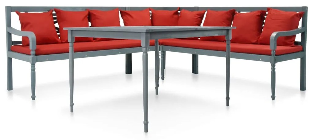 vidaXL 4-delige Loungeset massief acaciahout grijs en rood