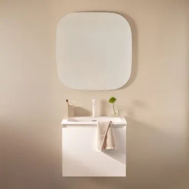 Macrae Zwevend Houten Badkamermeubelset Met Geïntegreerde Wastafel Wit & Vierkant Led En Anticondens 75x75 Cm Riben & Wit ↑20 - Sklum