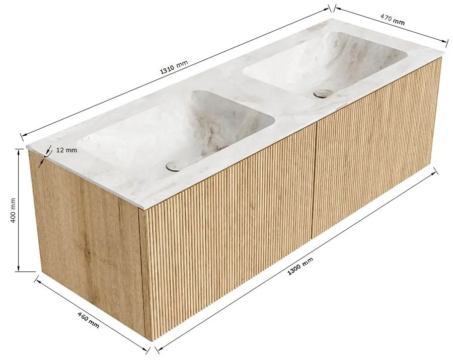 Mondiaz Kurve-dlux 130cm badmeubel shadow met 2 lades en wastafel leaf dubbel 2 kraangaten glace