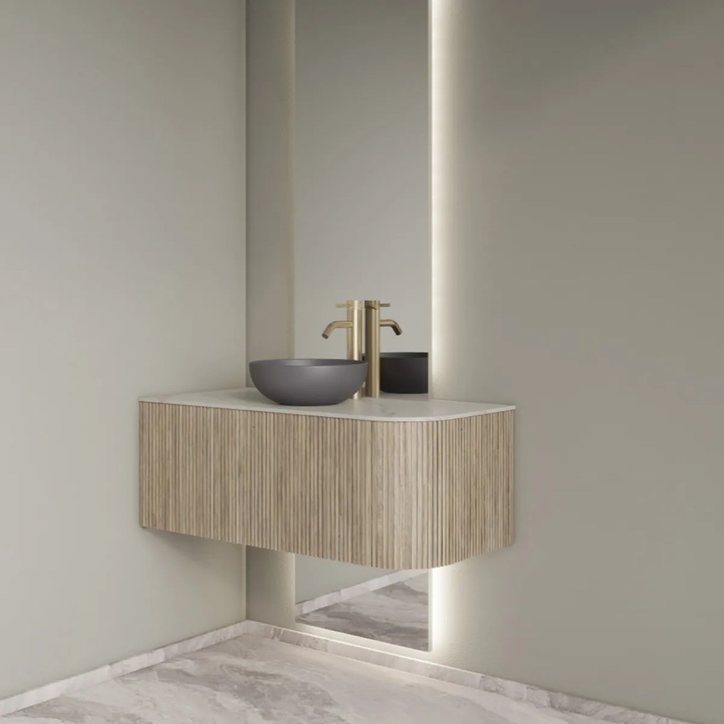 Gliss Design Alluro badmeubel ribbelfront met ronding rechts 100cm corn silk en wit marmer toppaneel