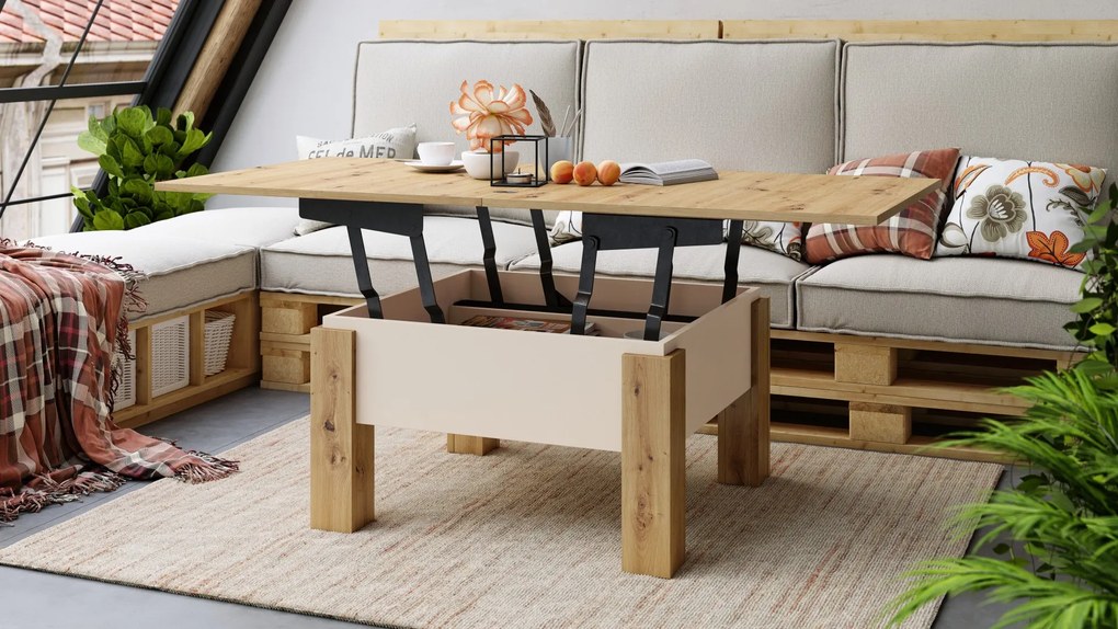 Mazzoni OSLO eiken artisan / beige, uitklapbare salontafel met in hoogte verstelbaar blad