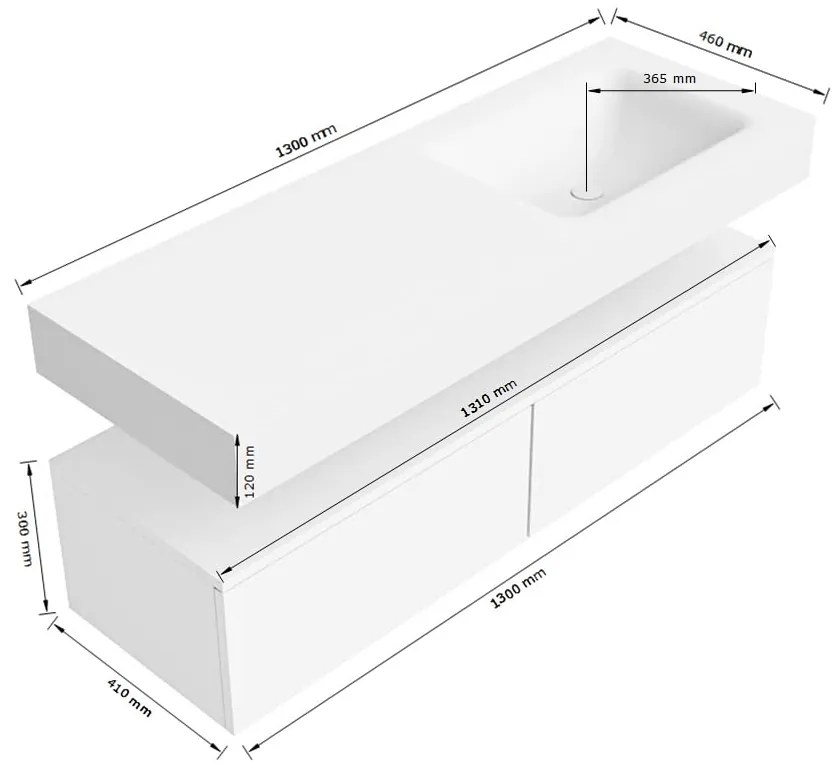 Zaro Alan badmeubel 130cm sand met 2 lades en vrijhangende wastafel rechts met kraangat wit mat