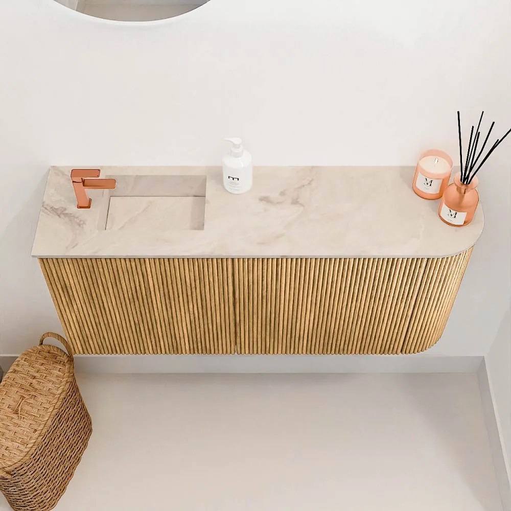 Mondiaz Joya DLux 90cm toiletmeubel ronding rechts oak met wastafel faye links 1 kraangat frappe
