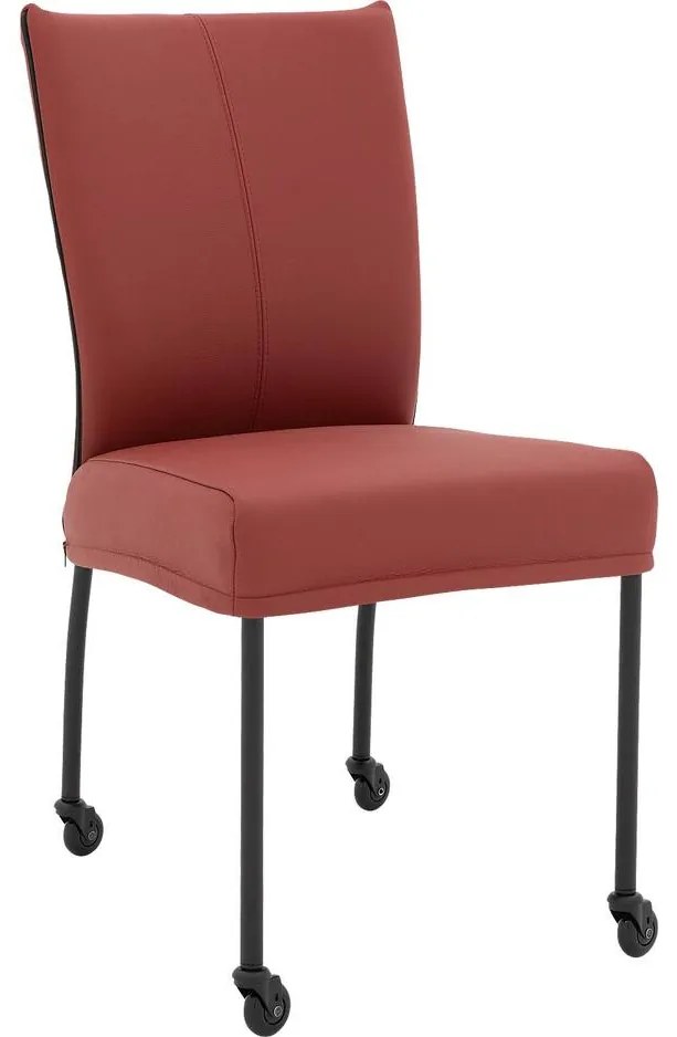 Goossens Eetkamerstoel Funk Zwarte Poten rood leer leuning en Zwart skater wiel met zwarte kapmet wielen, modern design