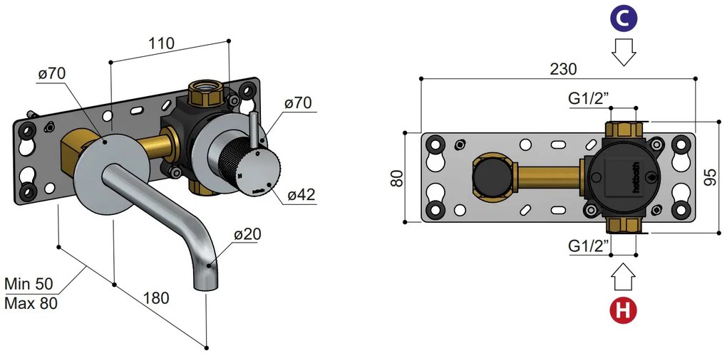 Hotbath Cobber X inbouw wastafelmengkraan 18cm geborsteld koper PVD