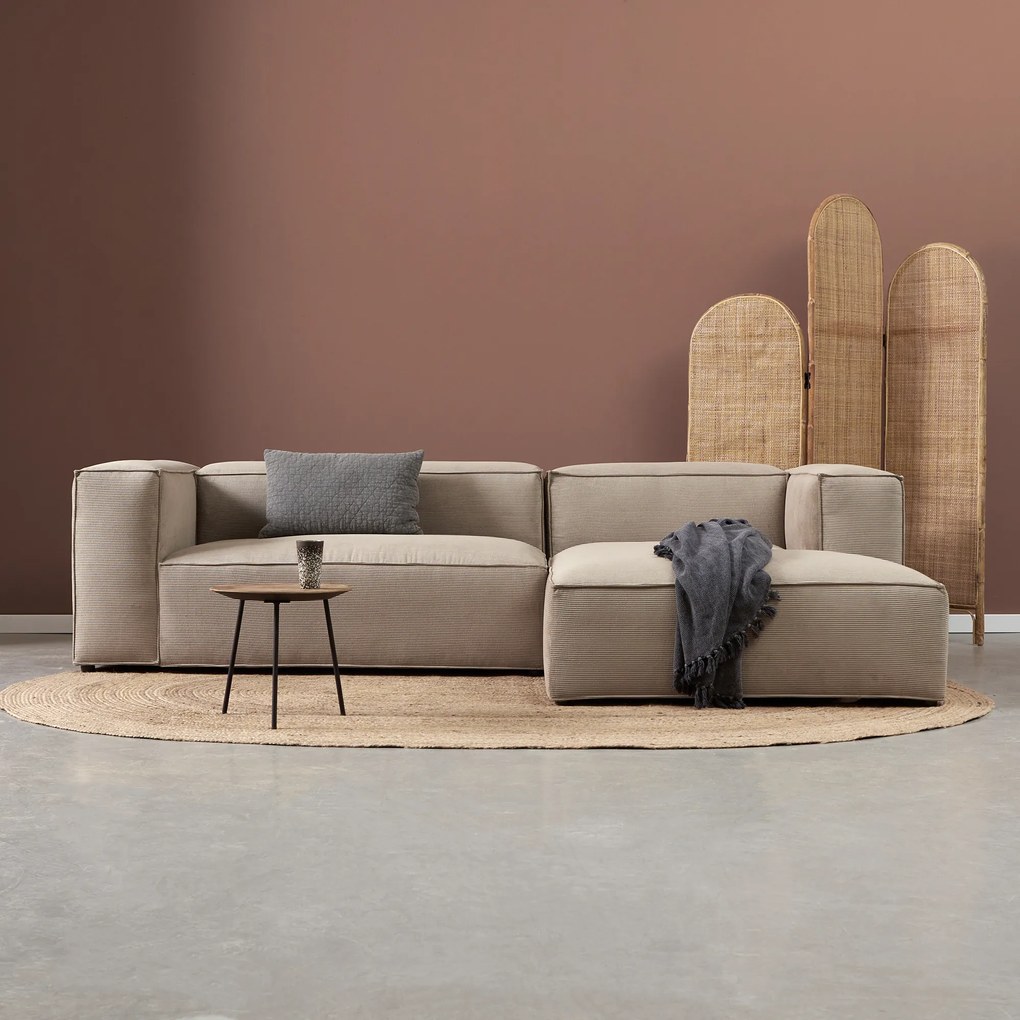 Beige Rib Bank Met Chaise Longue Rechts