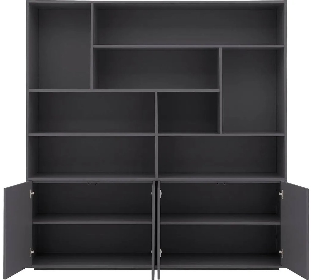 Goossens Basic Buffetkast Madrid, 4 dichte deuren 8 open vakken, donkergrijs melamine, 184 x 191 x 45 cm, elegant chic