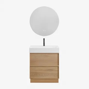 Jolene Houten Badkamermeubelset Met Geïntegreerde Wastafel Natuurlijk Hout & Round Led And Antifog Ø70 Cm Riben & Mat Zwart - Sklum