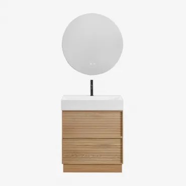 Jolene Houten Badkamermeubelset Met Geïntegreerde Wastafel Natuurlijk Hout & Round Led And Antifog Ø70 Cm Riben & Zwart ↑20 - Sklum