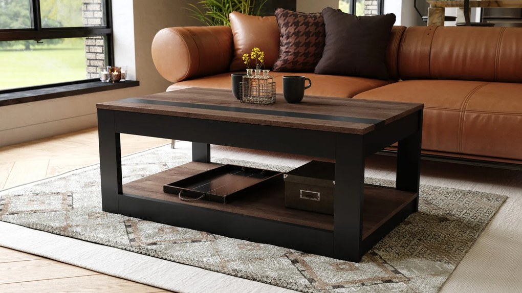 LUSSO Bruin Eiken/Zwart Mat - MODERNE SALONTAFEL MET VERHOOGD BLAD + OPBERGRUIMTE + SCHAP (OP WIELEN!)