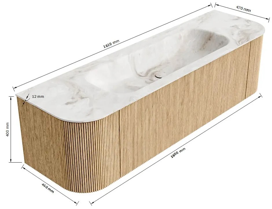 Mondiaz Kurve-dlux 160cm badmeubel ronding links/rechts shadow met 1 lade en 2 deuren en wastafel big medium midden zonder kraangat glace