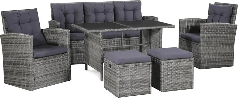vidaXL 6-delige Loungeset met kussens poly rattan grijs