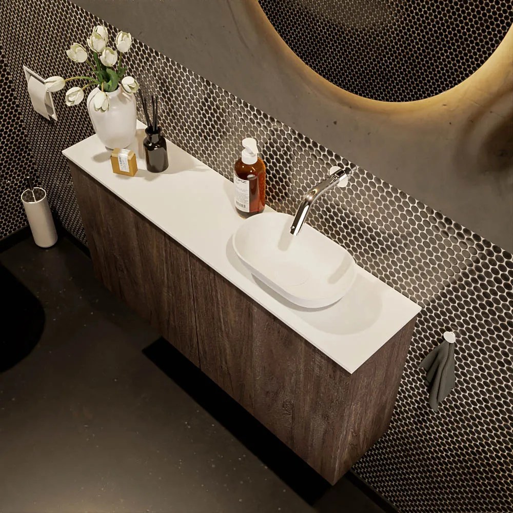 Mondiaz Fowy toiletmeubel 100cm dark brown met witte waskom rechts zonder kraangat