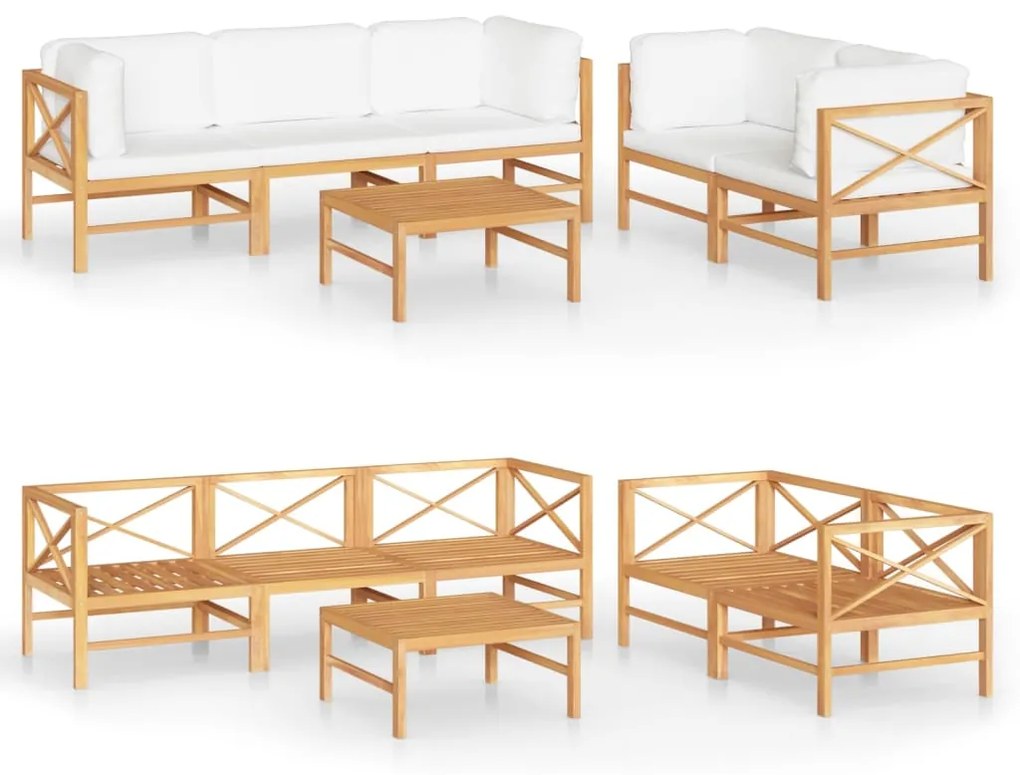 vidaXL 6-delige Loungeset met crèmekleurige kussens massief teakhout