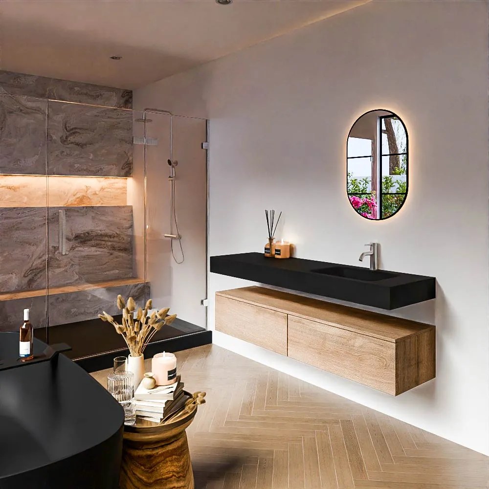 Zaro Alan badmeubel 160cm washed oak 2 lades met vrijhangende wastafel cloud rechts 1 kraangat urban