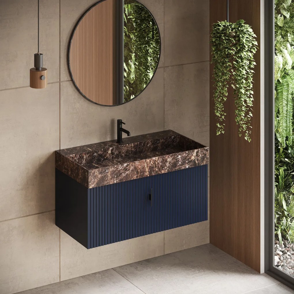 Muebles Zahora badmeubel ribbelfront 100cm marine blauw met Dark Emperador wastafel met kraangat