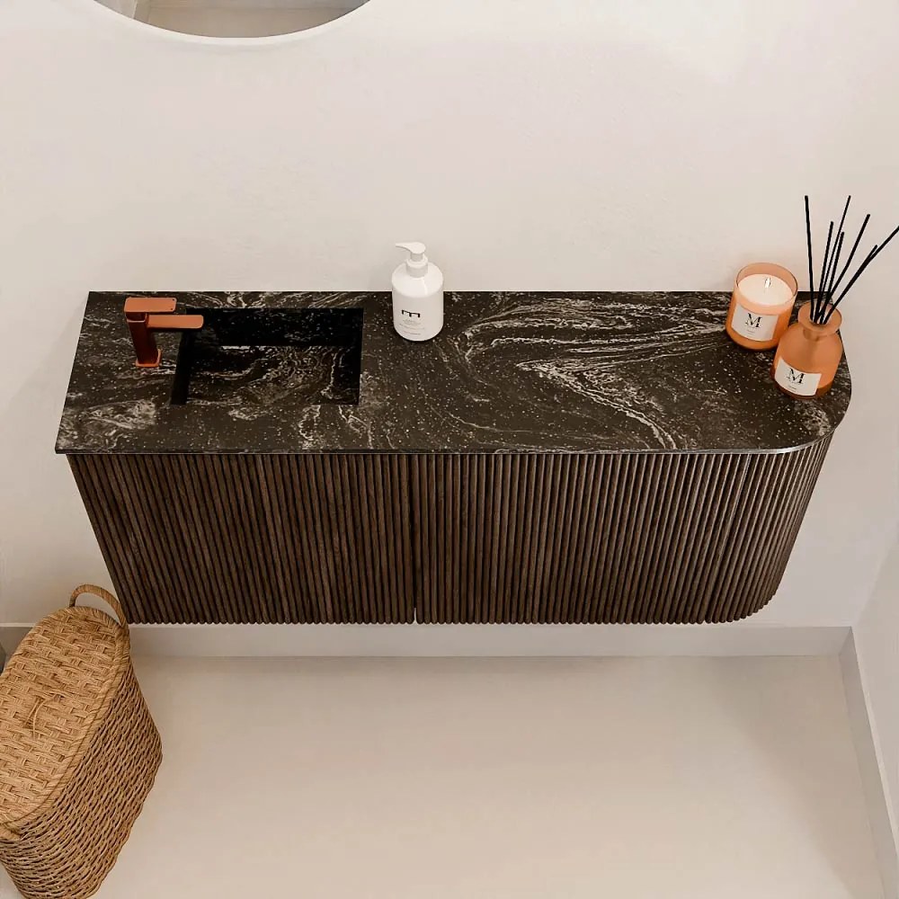 Mondiaz Joya DLux 90cm toiletmeubel ronding rechts walnut met wastafel faye links 1 kraangat lava