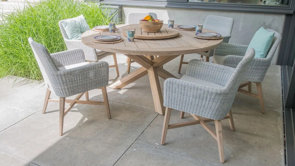 4 Seasons Outdoor Lisboa diningset met Louvre tafel Ø 160 cm Tuinset houtkleur weerbestendig
