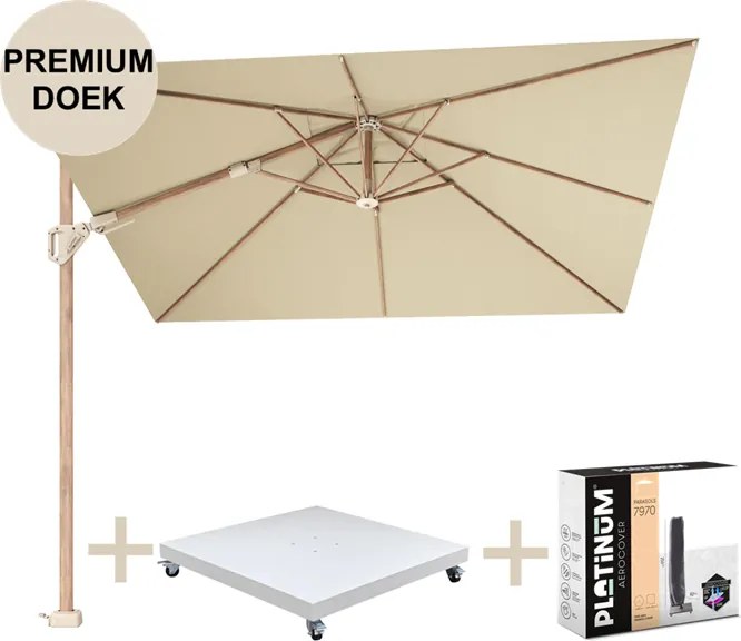 Challenger T2 premium parasol 300x300 cm teak champagne met zandkleur 90kg voet en hoes