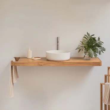 Conjunto Van Meubel 130x45 Cm Hangend In Teakhout Neill Teakhout & Rond Keramiek Wit Ø40 Cm Lenka & Spiegelloze & Geborsteld Grijs - Sklum