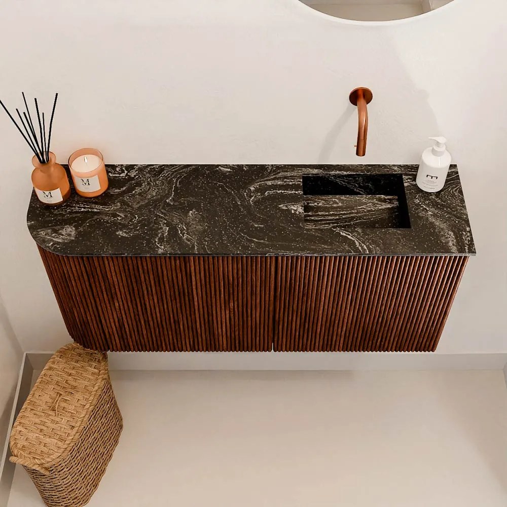 Mondiaz Joya DLux 90cm toiletmeubel ronding links ruby met wastafel faye rechts zonder kraangat lava