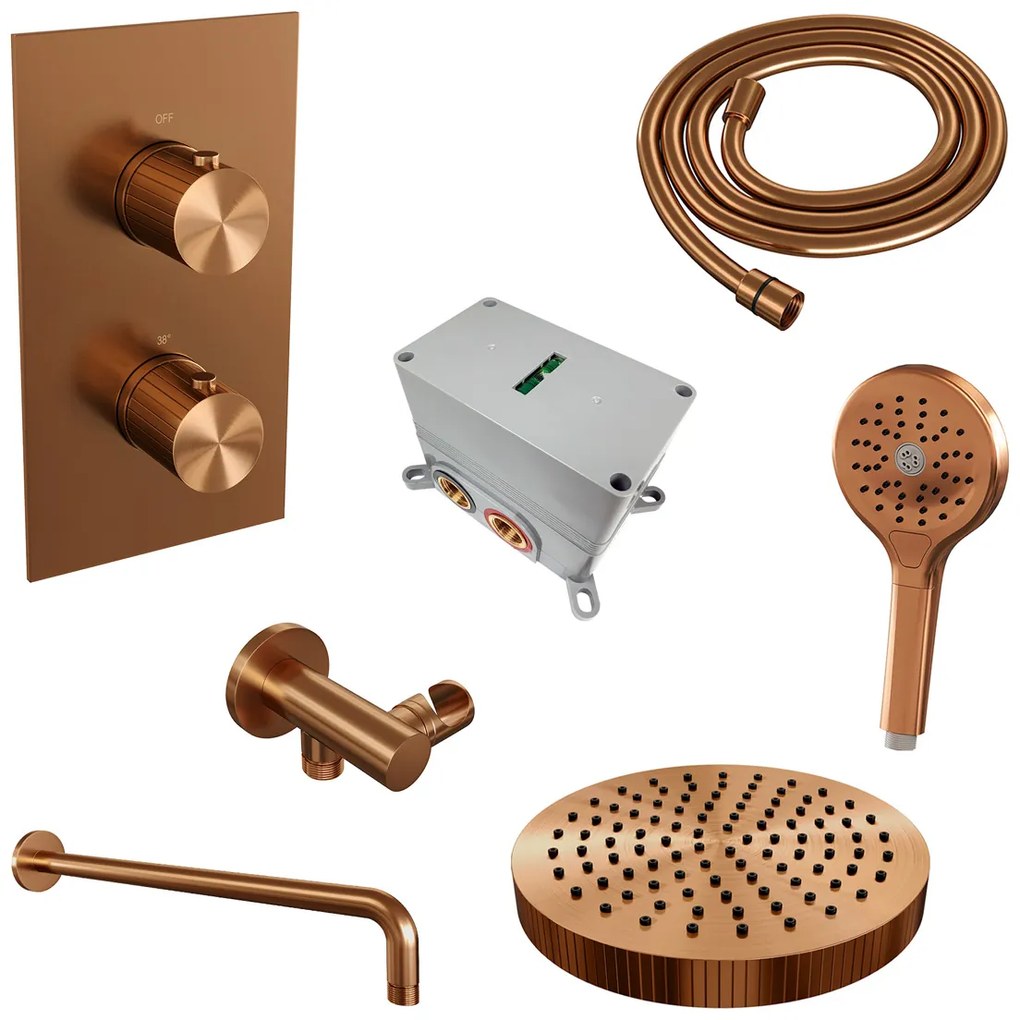 Brauer Stripe inbouw regendouche met 25cm hoofddouche, gebogen muurarm en 3 standen handdouche set 17 koper geborsteld PVD
