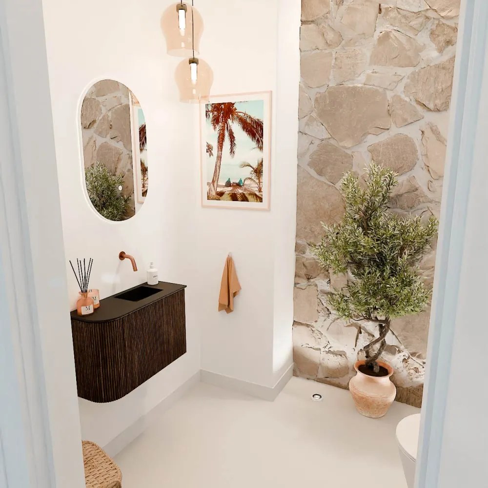 Mondiaz Joya 60cm toiletmeubel ronding links walnut met wastafel faye rechts zonder kraangat urban