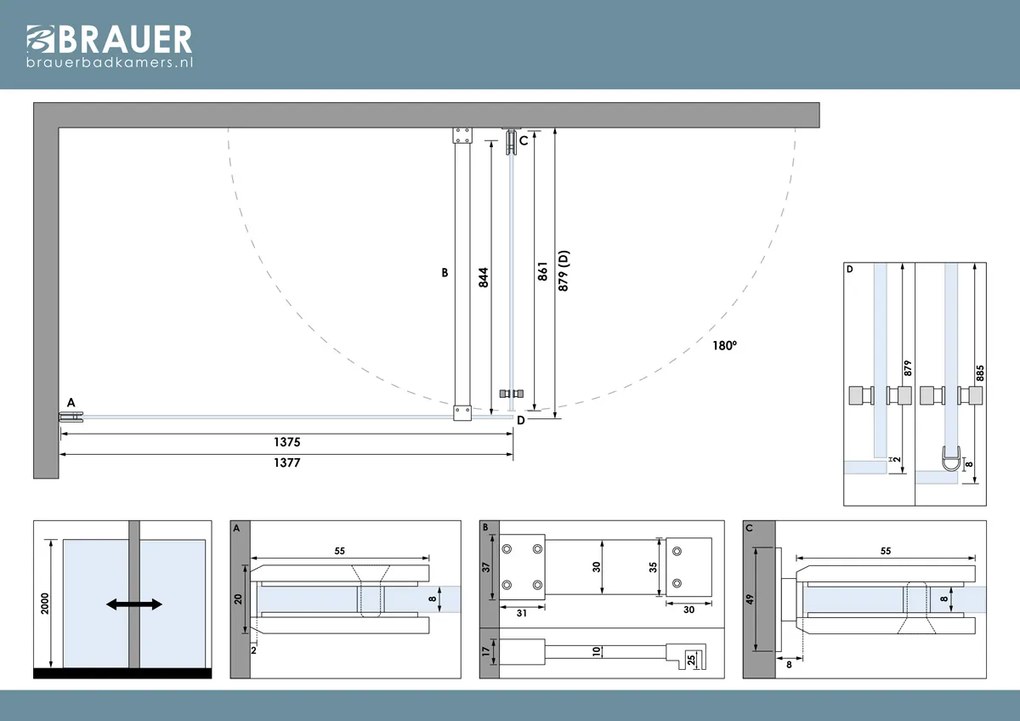Brauer Void Carving profielloze douchecabine 90x140cm chroom
