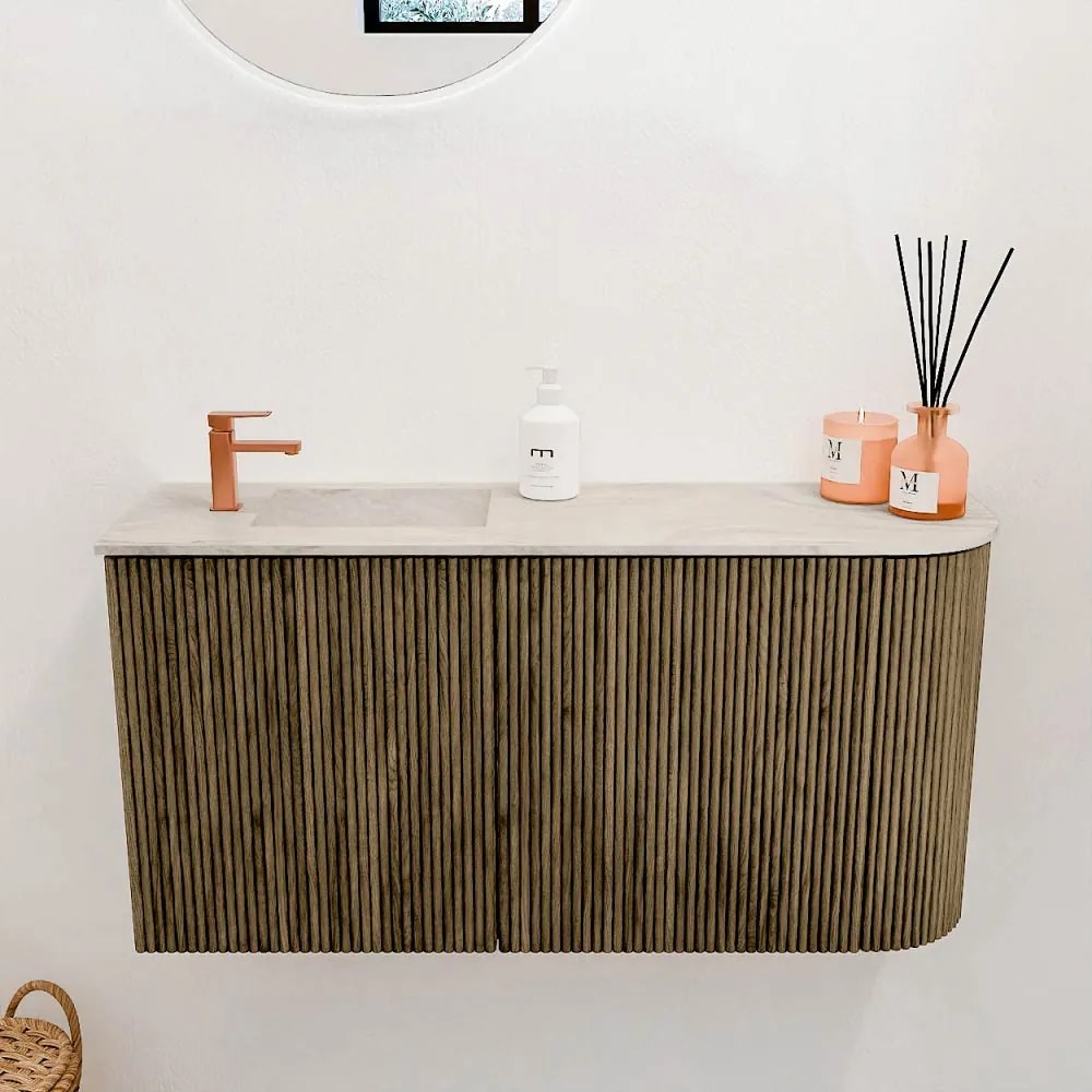Mondiaz Joya DLux 80cm toiletmeubel ronding rechts dusk met wastafel faye links 1 kraangat ostra