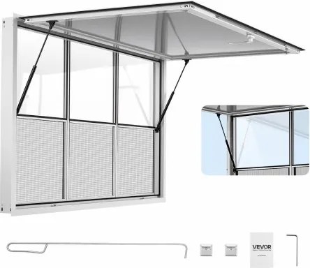 VEVOR Foodtruck Verkoopraam 1626 x 1016 mm Aluminiumlegering, Verkoopraam opent tot 85°, 3 vaste glaspanelen bovenaan, 3 schuifbare horren onderaan, Verkoopklep, Regenhoes