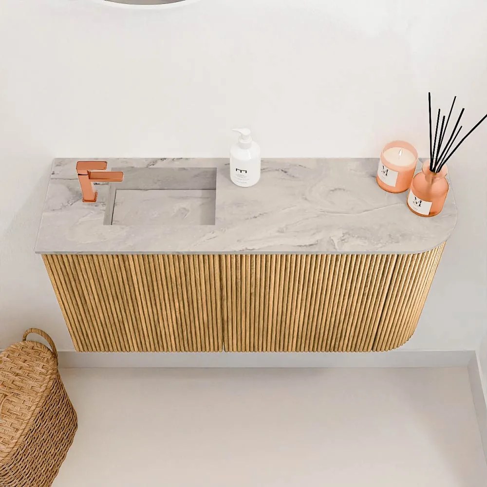 Mondiaz Joya DLux 80cm toiletmeubel ronding rechts oak met wastafel faye links 1 kraangat glace
