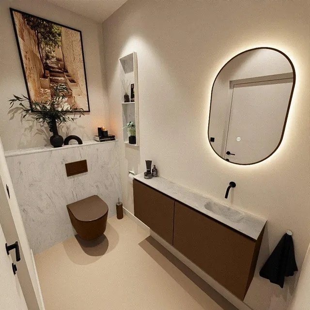 MONDIAZ TURE-DLUX 120cm toiletmeubel Rust. EDEN wastafel Opalo positie rechts. Zonder kraangat. TUREDX120RUSR0OPA