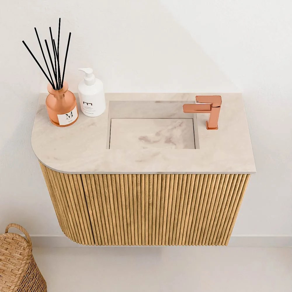 Mondiaz Joya DLux 50cm toiletmeubel ronding links oak met wastafel faye rechts 1 kraangat frappe