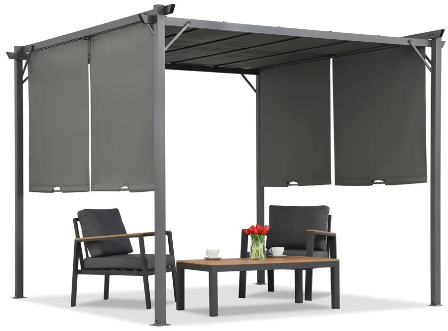 Antraciet Sevilla terraspergola 3x3m met Garden Point gordijnen