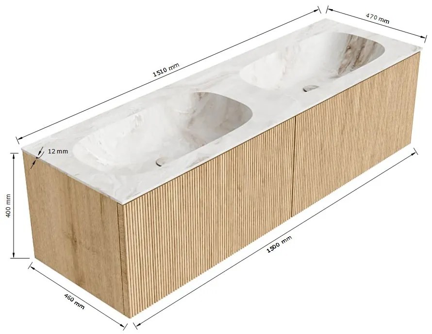Mondiaz Kurve-dlux 150cm badmeubel shadow met 2 lades en wastafel stor small dubbel zonder kraangat glace