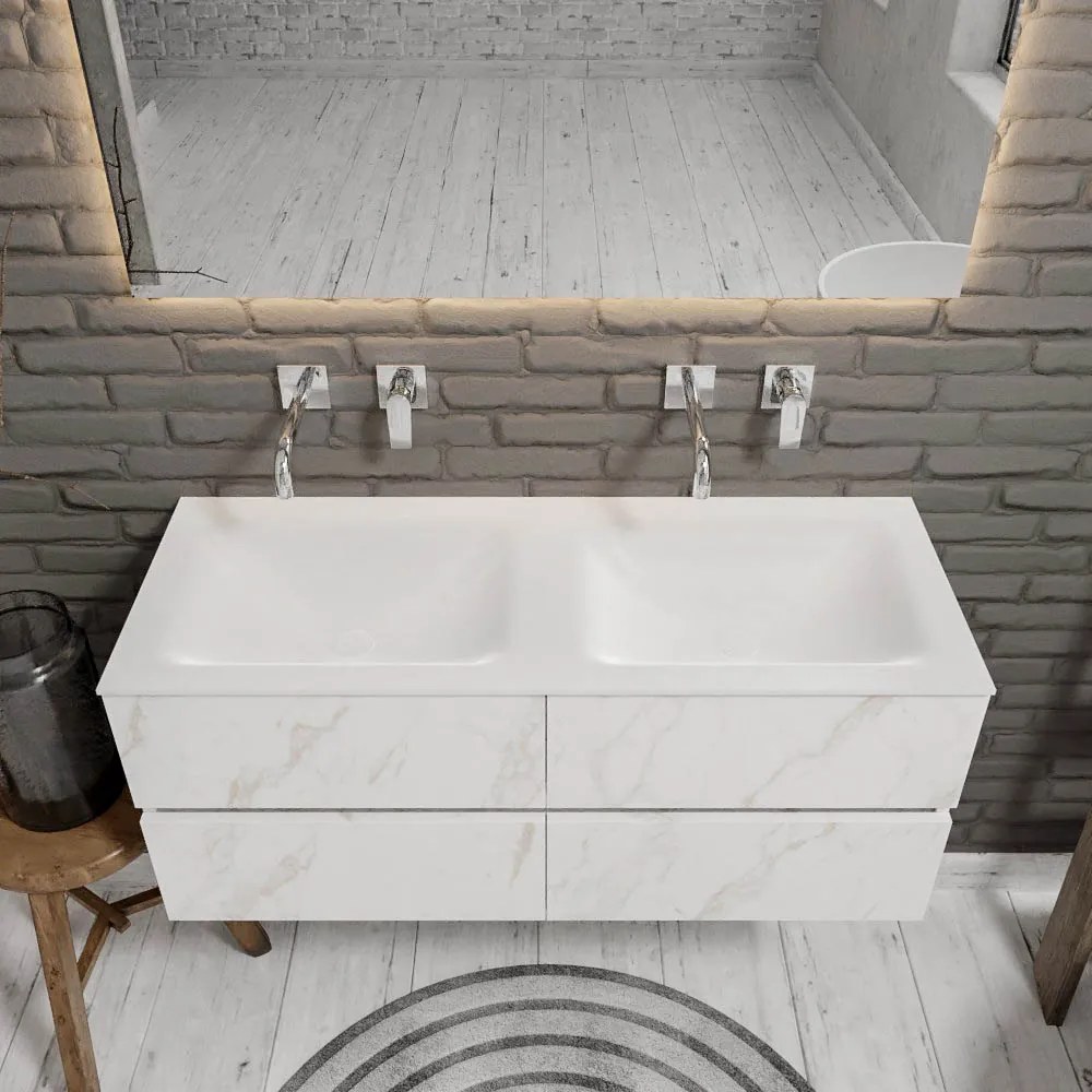 Zaro Valencia Solid Surface badmeubel 120cm mat wit marmer zonder kraangat dubbele spoelbak met 4 lades