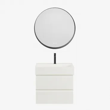 Ona Zwevend Badkamermeubelset Van Hout En Essenfineer Met Geïntegreerde Wastafel Wit & Round Led And Antifog Zwart Ø80 Cm Kimacs & - Sklum