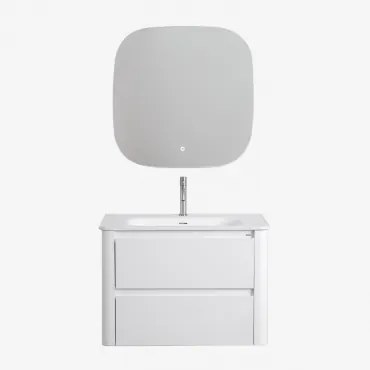 Badkamermeubelset In Hout Met Geïntegreerde Wastafel Egerton Wit & Vierkant Led En Anticondens 75x75 Cm Tobie & Chroom ↑20 - Sklum