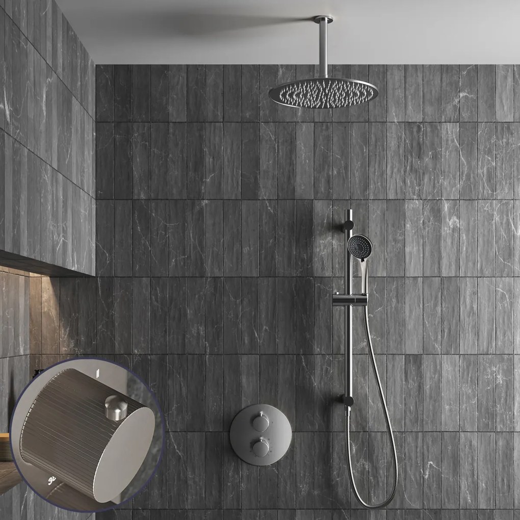 Saniclear Exclusive Stripes inbouw regendouche rond met 20cm hoofddouche, plafondarm, 3 standen handdouche en glijstang RVS